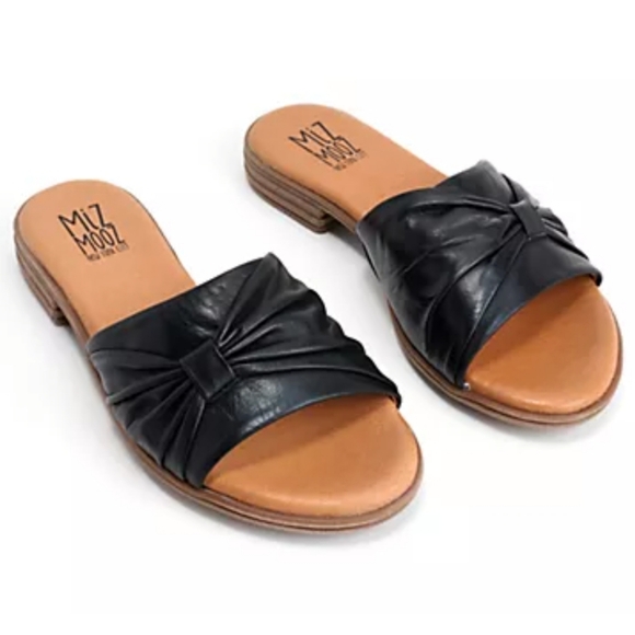 Miz Mooz DAISEY Black Ruched Leather Bow Detail Slide Sandals 38 - Picture 1 of 14